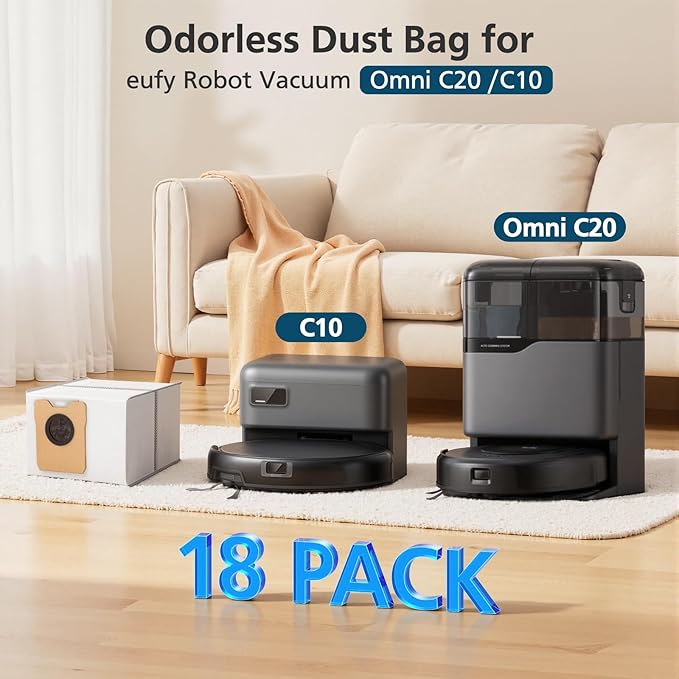 18 pcs Dust Bags for eufy Omni C20 C10 Robot Vacuum, 3.6L Large Capacity Replacement Bags with 3-Layer Odorproof & Leakproof Fabric