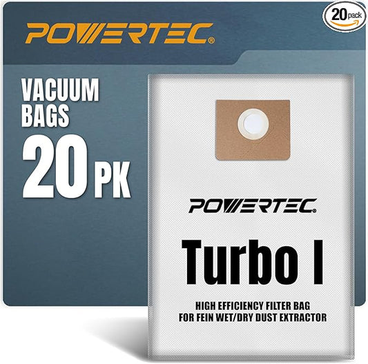 POWERTEC Turbo I, 9-20-27 Fleece Filter Bags 20PK, for Fein Dustex 25 L Wet/Dry Dust Extractor, for Fein 31345061010 Shop Vacuum Replacement Bags, Filter Bags, Dust Bags (75041-P4)