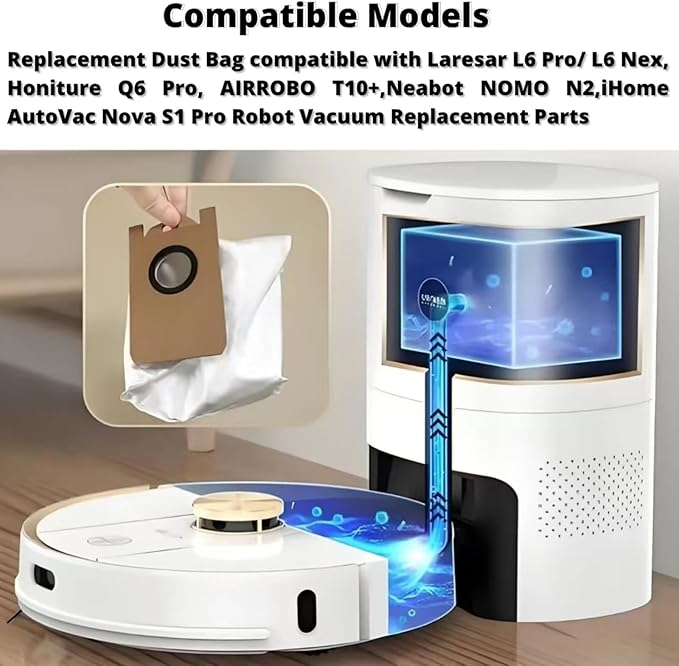 10 Pack Dust Bags fit for Laresar L6 Pro/ L6 Nex,Honiture Q6 Pro, AIRROBO T10+,Neabot NOMO N2,iHome AutoVac Nova S1 Pro Robot Vacuum iHRVS1PRO-3BLK Replacement Accessories Parts