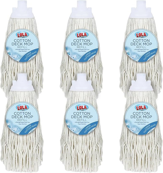 LOLA Refill for Cotton Floor Wet String Mop, 6 Pack, Absorbs up to 3X its Weight in Water, Heavy Duty & Super Absorbent for Floor Cleaning