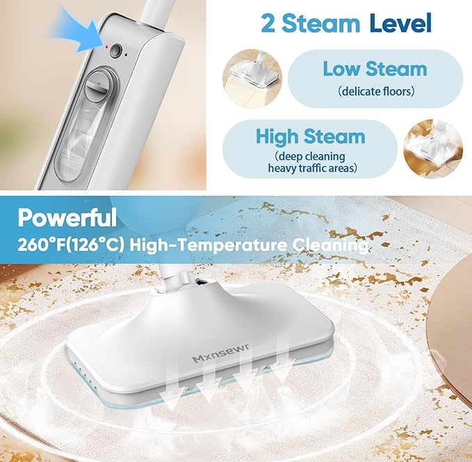 Steam Mop All-in-one Multi-Functional Powerful Steam Cleaner, Handheld Detachable Floor Steamer with 2 Steam Level, 380ML Water Tank & 23FT Power Cord for Whole Home Use