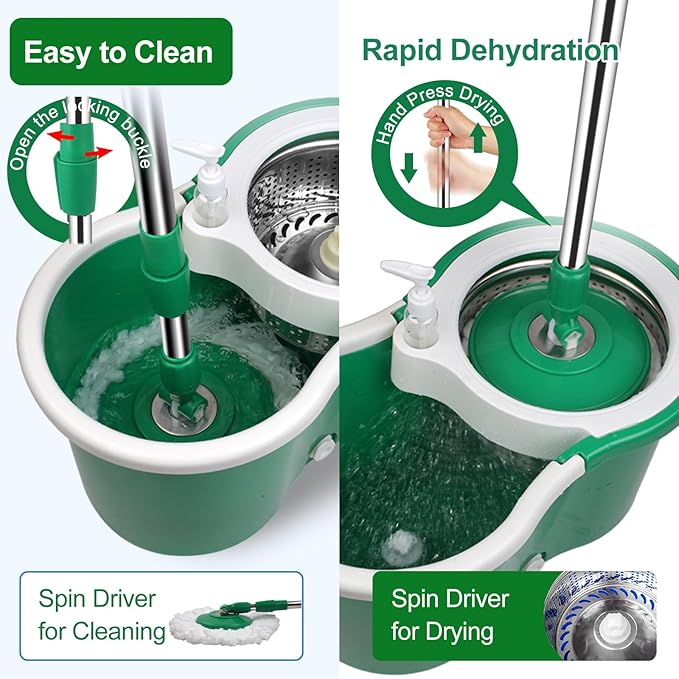 Spin Mop and Bucket with Wringer Set, 360° Rotating Head Mop Bucket System with 3 Microfiber Mop Refills Wet and Dry Suitable for Office and Home Use, Green (Green)