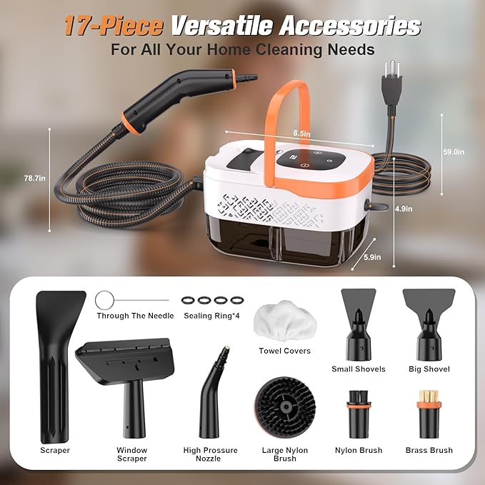 Steam Cleaner，2500W Portable Handheld Steamer- 6-Level Adjustable Steamer with 15S Heat-Up, Large Water Tank & 17-Piece Accessory Kit - Deep Clean Grease, Grout, Tile, Floors