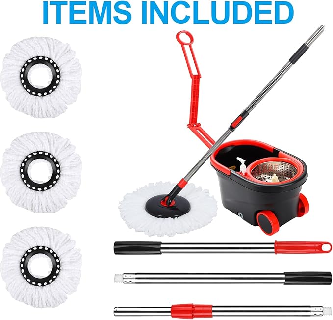 Spin Mop and Bucket with Wringer Set, 360° Rotating Head Mop Bucket System with 3 Microfiber Mop Refills Wet and Dry Suitable for Office and Home Use, Green (Black-Plus)