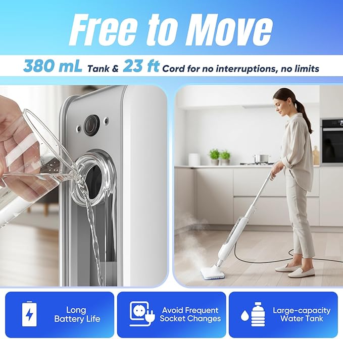 Steam Mop, Multi-Surface Steam Cleaner with Handheld Steamer for Floor Cleaning, Tile & Grout, Hardwood, Carpet, Windows, Washable Pads, Lightweight Swivel Head