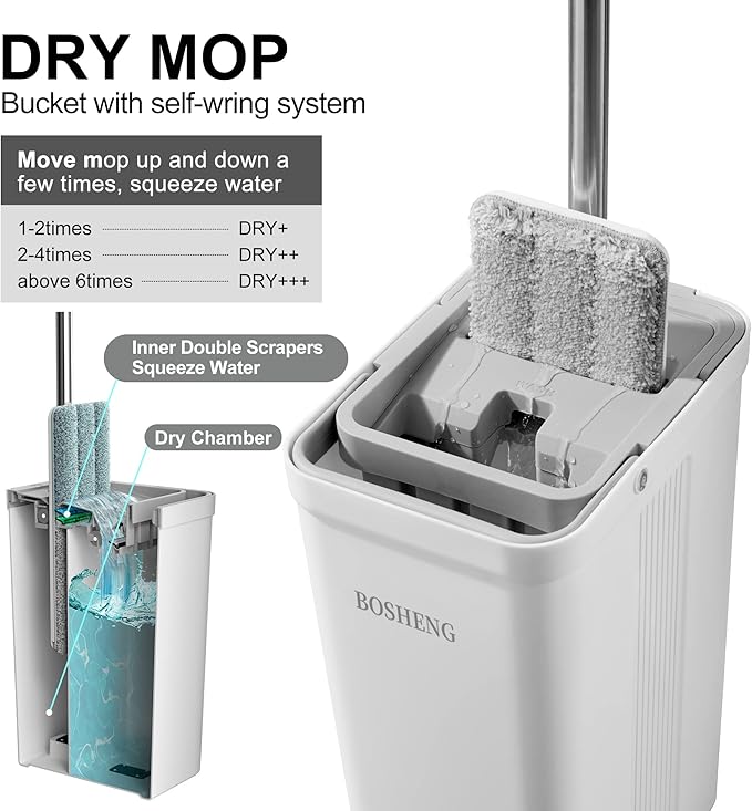 BOSHENG Mop and Bucket with Wringer Set, Flat Floor Mop and Bucket, with 2 Mops and 4 Microfiber Cleaning Cloths for Floor Cleaning, Wet and Dry Use