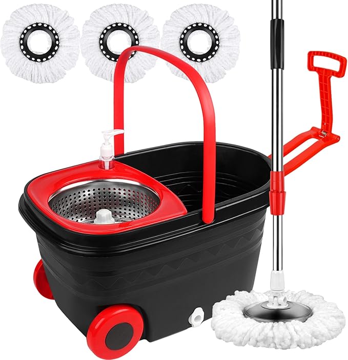 Spin Mop and Bucket with Wringer Set, 360° Rotating Head Mop Bucket System with 3 Microfiber Mop Refills Wet and Dry Suitable for Office and Home Use, Green (Black)