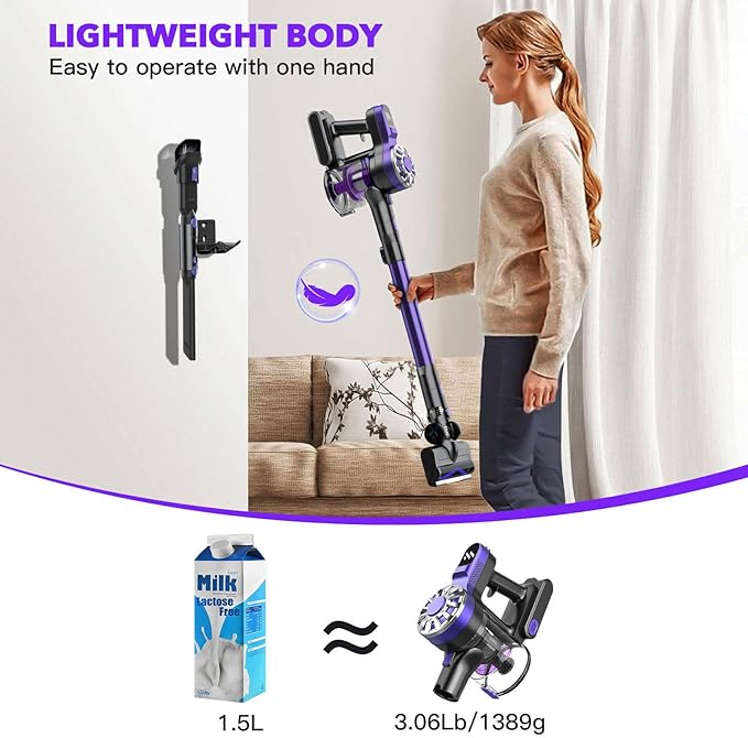 WLOTPO Cordless Vacuum Cleaner for Home,Lightweight Stick Vacuum Cordless Rechargeable with Power Suction, Up to 35 Mins Runtime, Hardwood Floor Vacuum for Pet Hair,Carpets,Tile(Purple Blue)