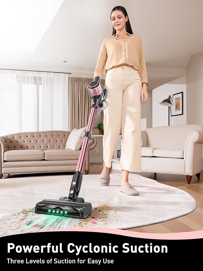 VICEASE Cordless Vacuum Cleaner, 8 in 1 Powerful Suction Lightweight Vacuum Cleaner for Home, LED Display, 3 Suction Modes, 45Mins Detachable Battery Vacuum for Hard Floor Carpet Pet Hair, Pink