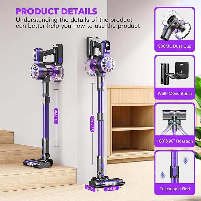 WLOTPO Cordless Vacuum Cleaner for Home,Lightweight Stick Vacuum Cordless Rechargeable with Power Suction, Up to 35 Mins Runtime, Hardwood Floor Vacuum for Pet Hair,Carpets,Tile(Purple Blue)
