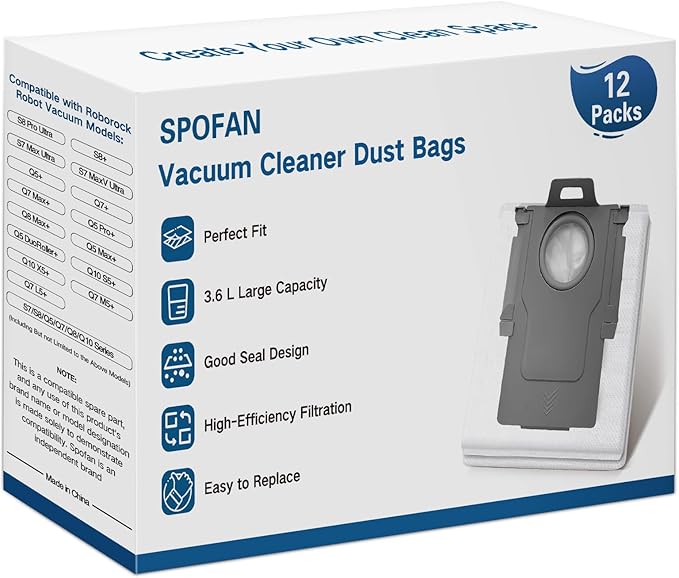 12 Pack Dust Bags for Roborock Q7 M5+/L5+, Q10 S5+/X5+, Q5+, Q5 Max+/Pro+/DuoRoller+, Q8 Max+, S8 Pro Ultra/S8+, S7 Max/MaxV Ultra Robot Vacuum, 3.6 L Large Capacity Disposable Replacement Bag