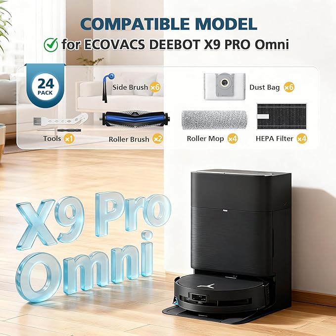 X9 PRO OMNI Accessories for ECOVACS DEEBOT X9 PRO OMNI / X9 PRO Robot Vacuum Replacement Parts Include 2*Main Roller Brushes, 4*Mopping Rollers, 6*Side Brushes, 4*HEPA Filters, 6*Dust Bags
