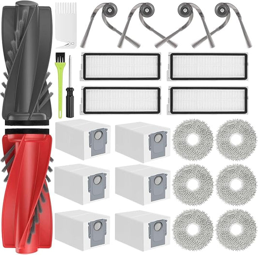 Qrevo S5V Accessories Replacement Parts for Roborock Qrevo Curv/Qrevo Curv S5X / Qrevo Edge/Qrevo Edge S5A Accessory Kit 2 Main Brushes 6 Dust Bags 4 Filters 4 Mop Pads 4 Arch Side Brushes