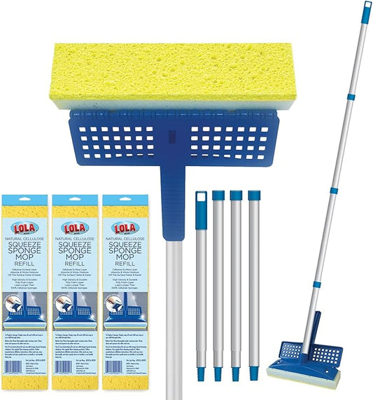 LOLA Squeeze Sponge Mop w/ Poly Foam & a Natural Cellulose Layer & 3 Replacement Heads / Refill Bundle, Absorbs & Wicks Moisture, Floor Cleaner