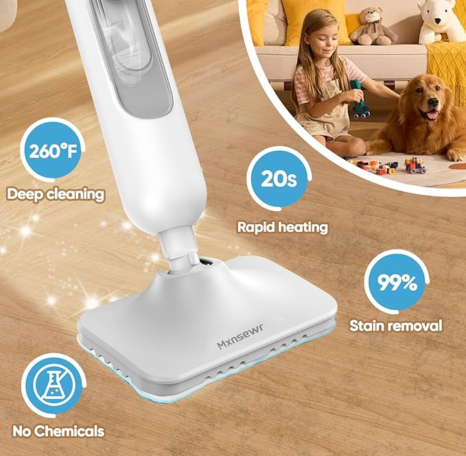 Steam Mop All-in-one Multi-Functional Powerful Steam Cleaner, Handheld Detachable Floor Steamer with 2 Steam Level, 380ML Water Tank & 23FT Power Cord for Whole Home Use