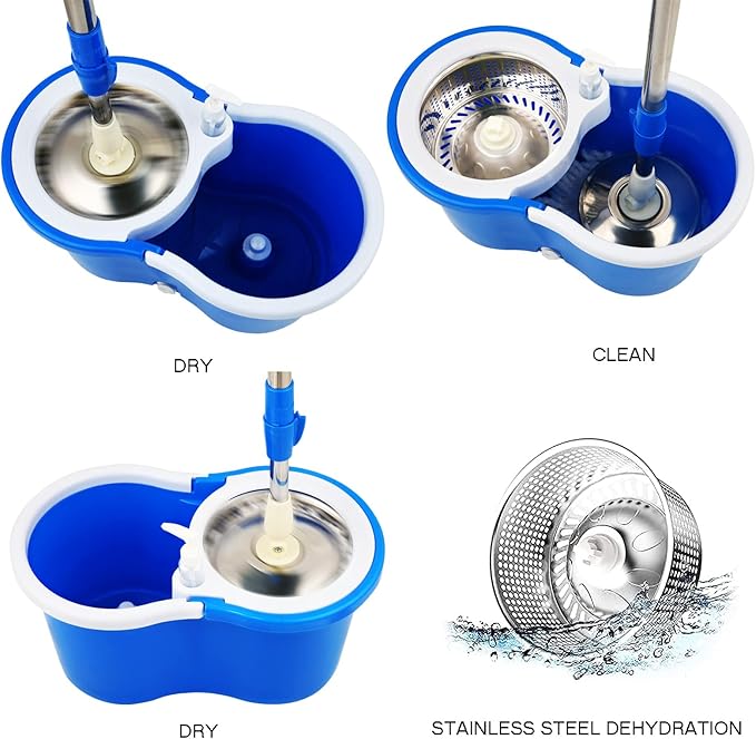 Spin Mop and Bucket with Wringer Set, 360° Mop and Bucket System with 3 Microfiber Mop Refills and 61" Extended Handle, Spinning Mop Bucket for Floor Cleaning, Blue