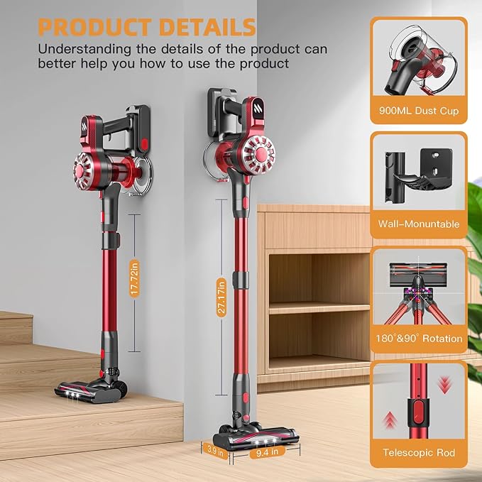 WLOTPO Cordless Vacuum Cleaner for Home,Lightweight Stick Vacuum Cordless Rechargeable with Power Suction, Up to 35 Mins Runtime, Hardwood Floor Vacuum for Pet Hair,Carpets,Tile(Rose Red)