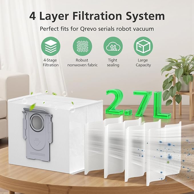 12 Pack Dust Bags for QV 35A/ Qrevo S5V/ Q10 S5+/ Saros 10R/ Qrevo S/Qrevo Master/Qrevo Edge S5A/ QV 35S/ S8Max Ultra/ S8MaxV Ultra/Qrevo Slim/Q Revo/ Q10 X5+ Robot Vacuum, 2.7L Large Capacity