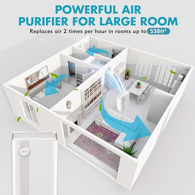 Home Air Purifier for Large Room up to 1076 Sq. Ft., Upgraded H13 True HEPA Air Filter for Pets Dander, Dust, Smoke, Pollen, Odor, VOCs Eliminators for Office, Bedroom, Kitchen (Available for California)