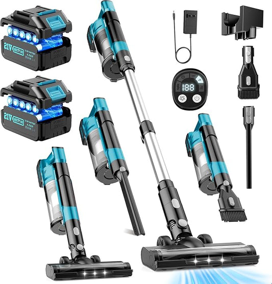 700W Cordless Vacuum Cleaners for Home with 2*Battery 8000mAh,Brushless Rechargeable Stick Vacuum with 3 Mode, 6 in 1 Portable Handheld Cordless Vacuum for Pet Hair/Hardwood Floor/Dorm (Blue)