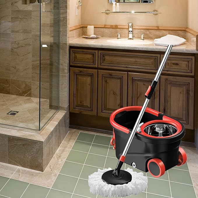 Spin Mop and Bucket with Wringer Set, 360° Rotating Head Mop Bucket System with 3 Microfiber Mop Refills Wet and Dry Suitable for Office and Home Use, Green (Black-Plus)