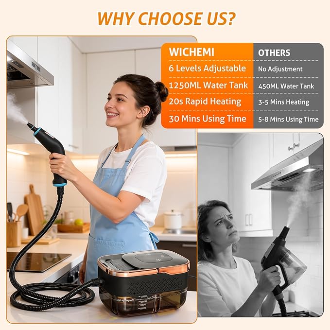 WICHEMI High Pressure Steam Cleaner Handheld Steam Cleaner Steamer for Cleaning Electric Steam Cleaning Machine for Home Kitchen Auto Car Detailing (Black+Rose Gold)