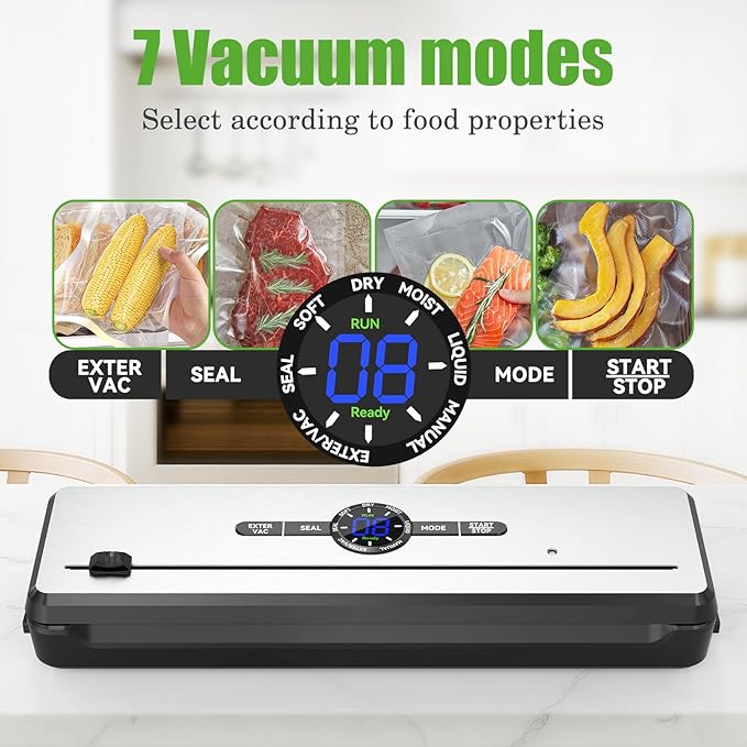 Vacuum Sealer Machine for Food- 10X Longer Food Saver with 7 Modes, Built-in Cutter & External Suction Nozzle - for Meat, Seafood, Fruits - Starter Kit with Bags & Hose