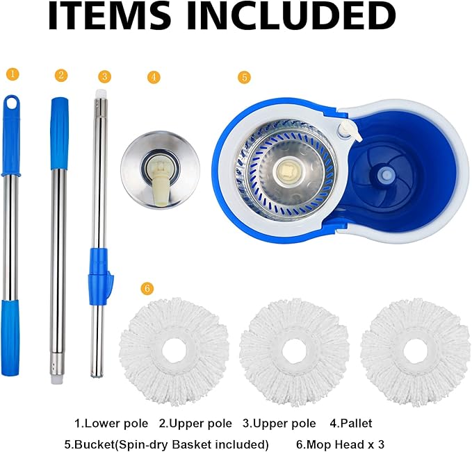 Spin Mop and Bucket with Wringer Set, 360° Mop and Bucket System with 3 Microfiber Mop Refills and 61" Extended Handle, Spinning Mop Bucket for Floor Cleaning, Blue