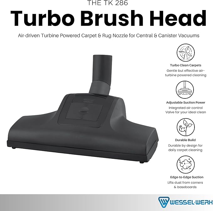 Wessel-Werk TK 286 Turbo Brush Head Attachment — Universal Air-Turbine Carpet Nozzle with Adjustable Suction Control & 1.25–1.5 in. Adapter — Fits Central & Canister Vacuums(TK 286 Turbo Brush Head)
