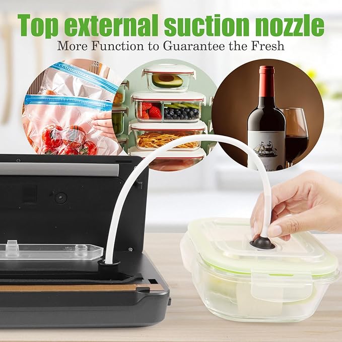 Vacuum Sealer Machine for Food- 10X Longer Food Saver with 7 Modes, Built-in Cutter & External Suction Nozzle - for Meat, Seafood, Fruits - Starter Kit with Bags & Hose