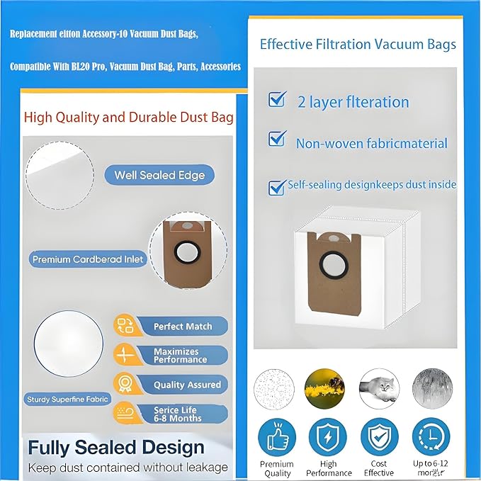 Replacement Dust Bags Compatible With eitton BL20 Pro Robot Vacuum Cleaner, Parts, Accessories