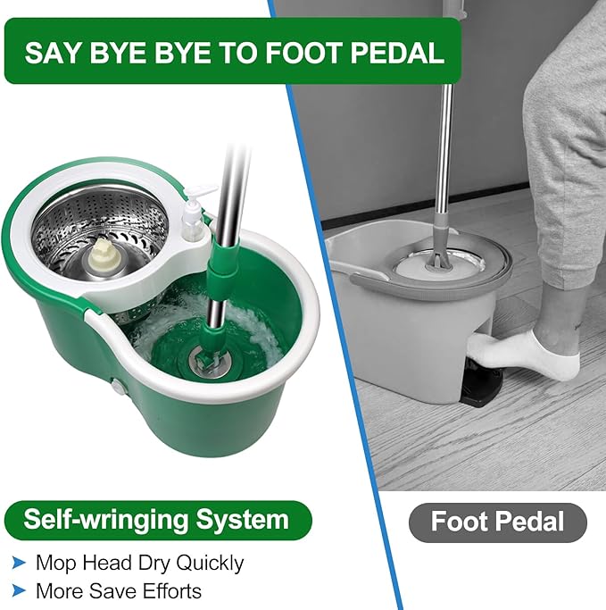 Spin Mop and Bucket with Wringer Set, 360° Rotating Head Mop Bucket System with 3 Microfiber Mop Refills Wet and Dry Suitable for Office and Home Use, Green (Green)