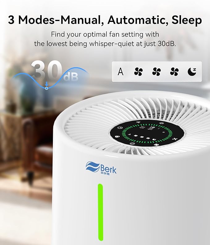 Berk Air Purifiers for Home Living Room,Cover Up to 1625 Ft²,HEPA Air Purifier,PM2.5 Air Quality Display,Air Purifier for Pets Hair, Smoke, Odors,Pollen (D3S-Standard)