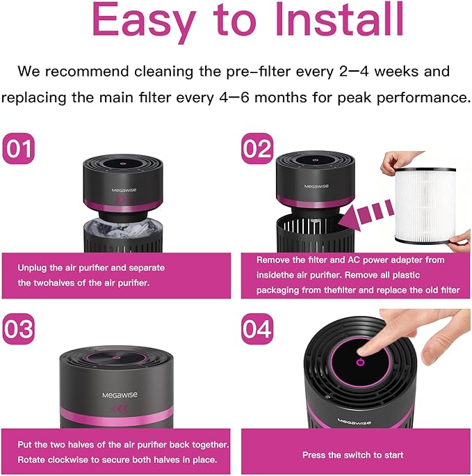 MEGAWISE Office Air Purifier with 3-in-1 HEPA Filter Desktop Air Cleaner for Smoke, Dust, Pet Dander, HEPA Air Purifier for Home and Bedroom, 100% Ozone Free (silvery)