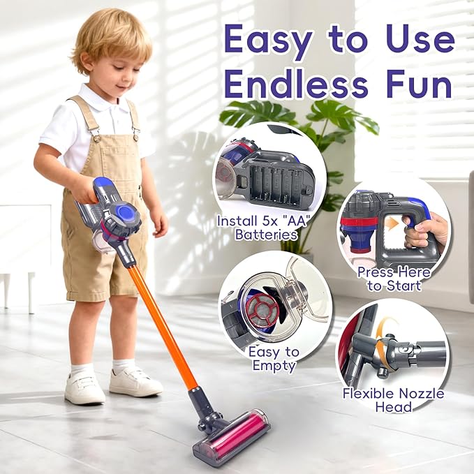 VARANO 3-in-1 Kids Vacuum That Really Works, Toddler Toy Vacuum Cleaning Toys for Kids Aged 3+, Fun Working Play Vacuum Cleaner with Working Suction for Realistic Pretend Play
