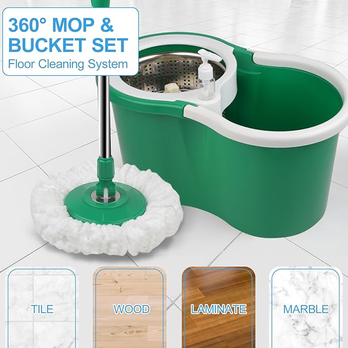 Spin Mop and Bucket with Wringer Set, 360° Rotating Head Mop Bucket System with 3 Microfiber Mop Refills Wet and Dry Suitable for Office and Home Use, Green (Green)