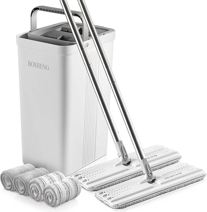 BOSHENG Mop and Bucket with Wringer Set, Flat Floor Mop and Bucket, with 2 Mops and 4 Microfiber Cleaning Cloths for Floor Cleaning, Wet and Dry Use