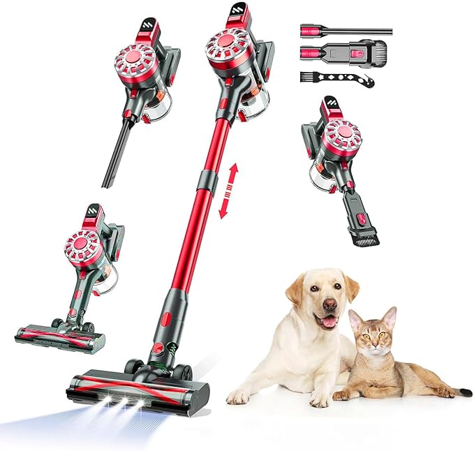 WLOTPO Cordless Vacuum Cleaner for Home,Lightweight Stick Vacuum Cordless Rechargeable with Power Suction, Up to 35 Mins Runtime, Hardwood Floor Vacuum for Pet Hair,Carpets,Tile(Rose Red)