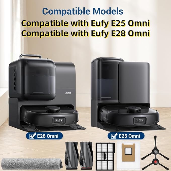 20 Pack Accessories Kit,Compatible with Eufy E25 Omni/E28 Omni Robot Vacuum,2 Main Brush 4 Hepa Filters 6 Side Brushes 1 Brush Mops 6 Vacuum Bags,E25 Omni Replacement Parts（New）