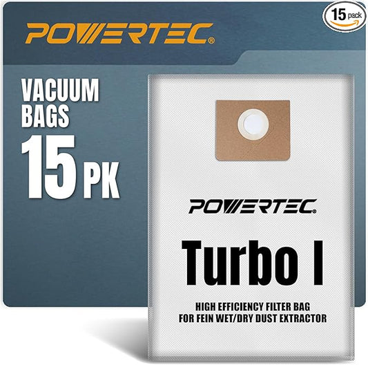 POWERTEC Turbo I, 9-20-27 Fleece Filter Bags 15PK, for Fein Dustex 25 L Wet/Dry Dust Extractor, for Fein 31345061010 Shop Vacuum Replacement Bags, Filter Bags, Dust Bags (75041-P3)