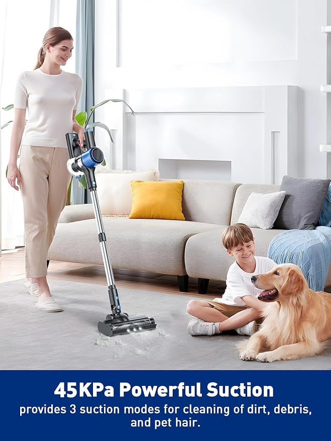 VOKENE Cordless Vacuum Cleaner, 8 in 1 Powerful Suction Lightweight Vacuum Cleaner for Home, LED Display, 3 Suction Modes, 45Mins Detachable Battery Vacuum for Hard Floor Carpet Pet Hair