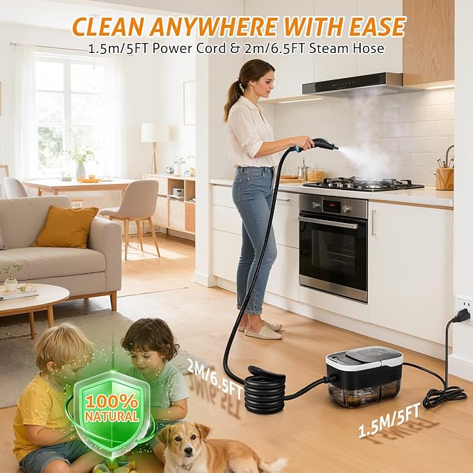 WICHEMI High Pressure Steam Cleaner Handheld Steam Cleaner Steamer for Cleaning Electric Steam Cleaning Machine for Home Kitchen Auto Car Detailing (Black+White)