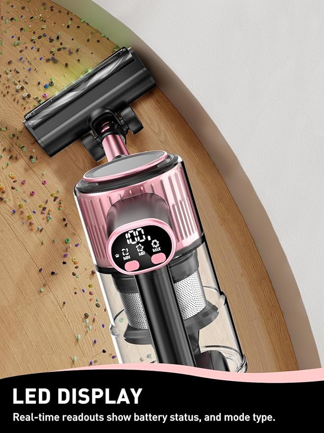 VICEASE Cordless Vacuum Cleaner, 8 in 1 Powerful Suction Lightweight Vacuum Cleaner for Home, LED Display, 3 Suction Modes, 45Mins Detachable Battery Vacuum for Hard Floor Carpet Pet Hair, Pink
