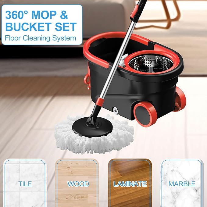 Spin Mop and Bucket with Wringer Set, 360° Rotating Head Mop Bucket System with 3 Microfiber Mop Refills Wet and Dry Suitable for Office and Home Use, Green (Black-Plus)