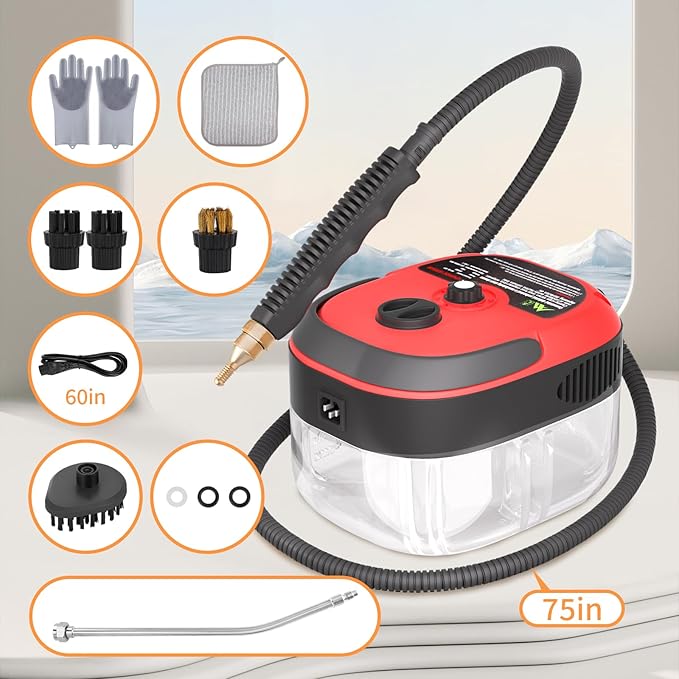STRCEAT Handheld Pressurized Steam Cleaner,2500W Handheld High Temp Portable Cleaning Machine, Cleaning for Couch, Auto, Floor and More (Red)