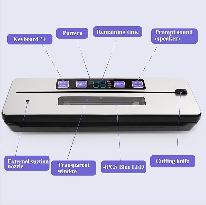 Vacuum Sealer for Food Saver, 7 Vacuum Modes with Build-in Cutter & Digital Countdown Timer, External Suction Nozzle For Zipper Bag, Vacuum Box, Mason Jar