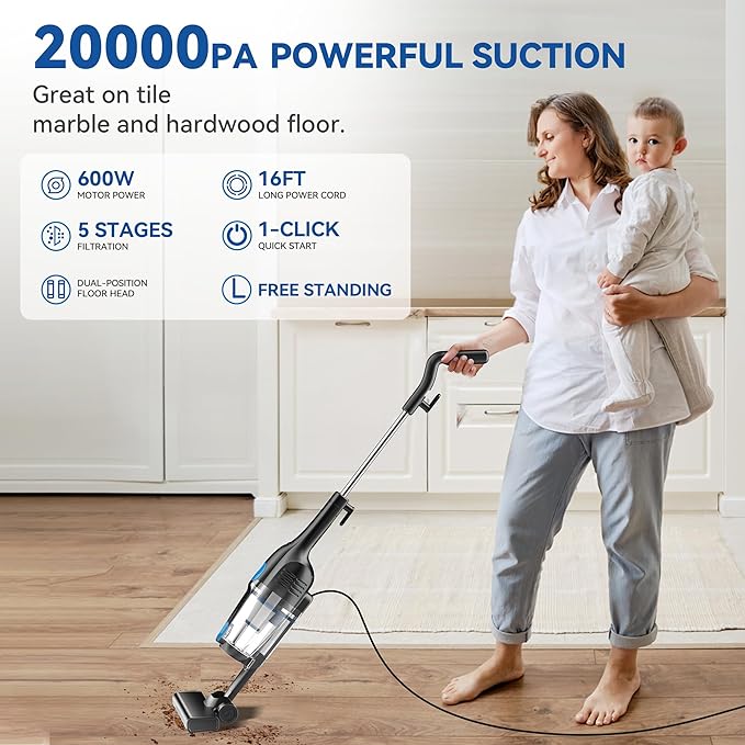 Vazone R6X Corded Stick Vacuum Cleaners for Home, 20Kpa Powerful Suction Stick Vacuum with 16Ft Cord, 2 in 1 Lightweight Handheld Vacuum Cleaner for Hardwood Floor Pet Hair
