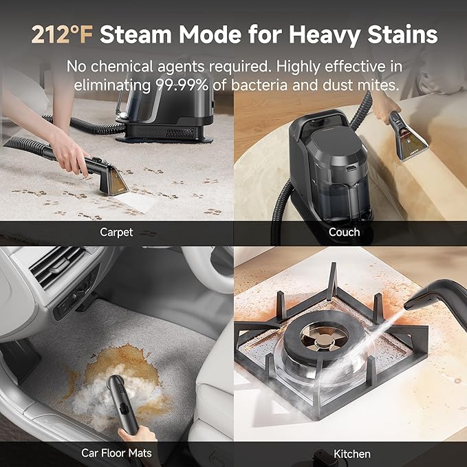 Uwant Carpet Cleaner Machine with Steam&Hot&Cold Water System 18Kpa Powerful Suction Upholstery Cleaner Machine with Pet Pro Cleaner for Pets, Carpet Steam Cleaner with Specialty Tools for Cars