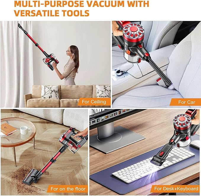 WLOTPO Cordless Vacuum Cleaner for Home,Lightweight Stick Vacuum Cordless Rechargeable with Power Suction, Up to 35 Mins Runtime, Hardwood Floor Vacuum for Pet Hair,Carpets,Tile(Rose Red)