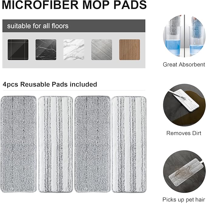 BOSHENG Mop and Bucket with Wringer Set, Flat Floor Mop and Bucket, with 2 Mops and 4 Microfiber Cleaning Cloths for Floor Cleaning, Wet and Dry Use